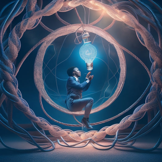 A stylized illustration of a person breaking free from a tangled web of chains, with a glowing lightbulb above their head, surrounded by concentric circles of incremental changes.