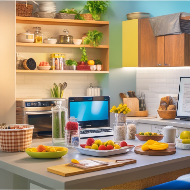 A bright and organized kitchen with a laptop on the counter, surrounded by sparkling clean appliances, utensils, and cookbooks, with a healthy meal prep container and a calendar in the background.