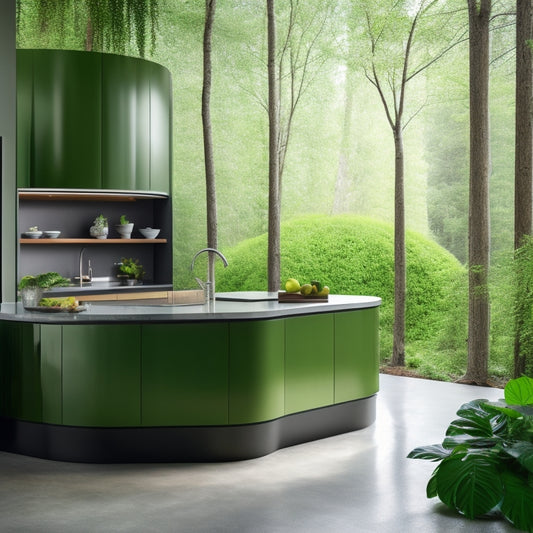 A sleek, modern kitchen with a curved island, high-gloss cabinets, and a stunning waterfall countertop, set against a backdrop of large windows and a living green wall.