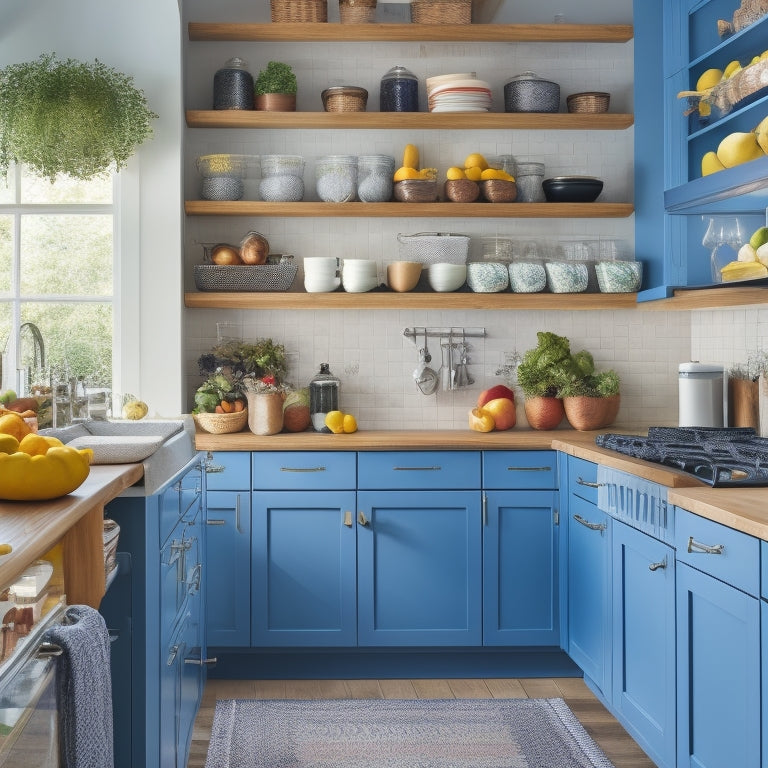 A bright, modern kitchen with perfectly organized cabinets, drawers, and countertops, featuring a mix of wooden and metal storage containers, baskets, and labels, with a few fresh fruits and vegetables displayed.