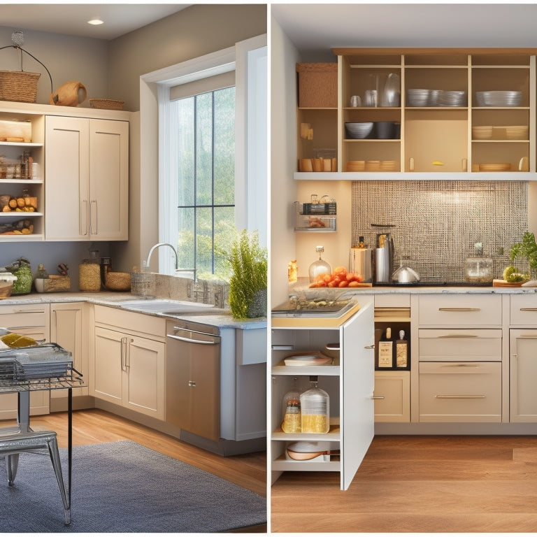 Illustrate a modern kitchen with various storage solutions: pull-out pantry, hanging utensil organizer, built-in cabinetry, slide-out trash can, and a sleek island with drawers and shelves, all in a neutral color palette.