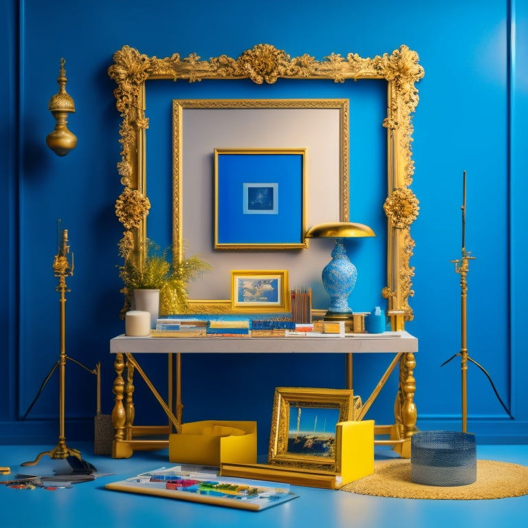 An abstract illustration of a digital artist's studio, with a large, ornate frame in the center, surrounded by scattered art supplies, calculator, and a miniature ladder, set against a gradient background of blue and gold hues.