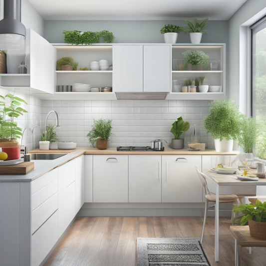 A tidy, L-shaped kitchen with sleek, white cabinets, a compact refrigerator, and a stainless steel sink, surrounded by a few, well-placed utensils and a small, potted herb garden.