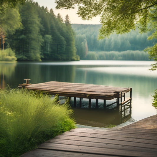 A serene lakeside scene with a rustic wooden dock, surrounded by lush greenery and towering trees, reflecting the majestic beauty of Windermere's natural landscape.