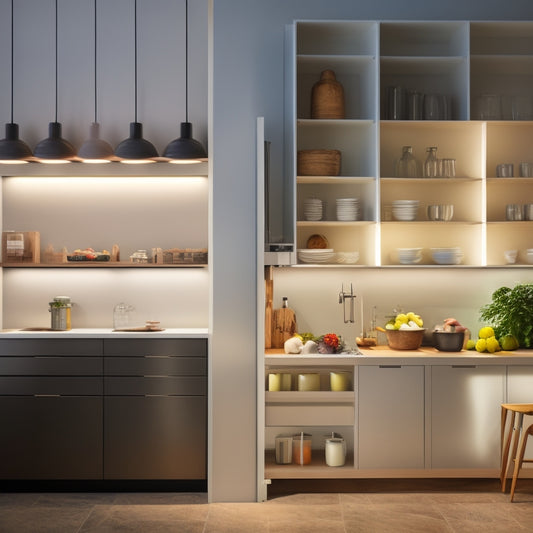 A minimalist kitchen with a wall-mounted foldable table, a compact refrigerator, and a narrow shelving unit with baskets and cookbooks, illuminated by a pendant light above a small sink.