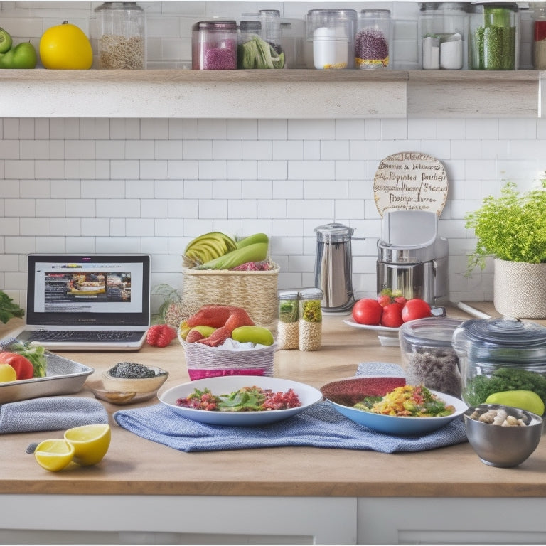 A colorful, clutter-free kitchen counter with a variety of healthy ingredients, cookbooks, and meal prep containers in the background, and a laptop with an organized digital meal plan on the screen.