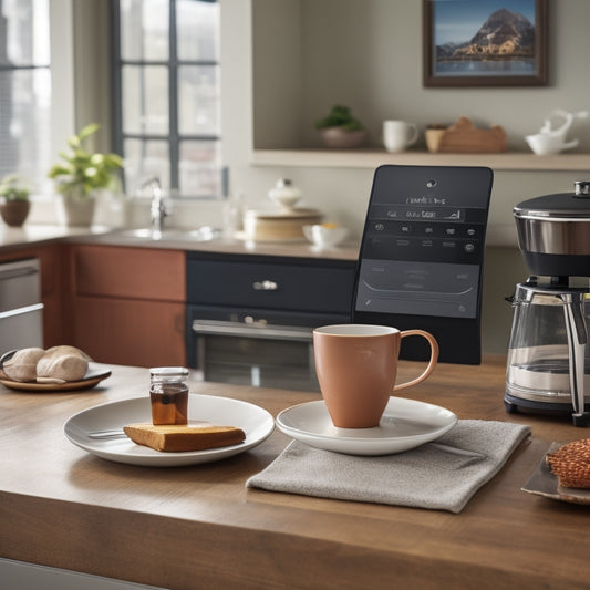 A clutter-free kitchen counter with a sleek, modern tablet displaying a digital requisition form, surrounded by neatly arranged utensils and a single, steaming cup of coffee.