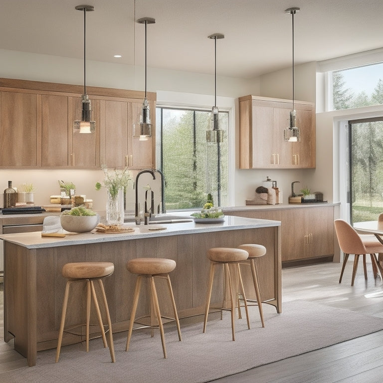 A serene, modern living room with warm wooden cabinetry, sleek countertops, and large windows, flooded with natural light, showcasing a stunning kitchen island with pendant lights and a built-in wine rack.