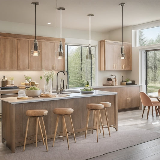 A serene, modern living room with warm wooden cabinetry, sleek countertops, and large windows, flooded with natural light, showcasing a stunning kitchen island with pendant lights and a built-in wine rack.