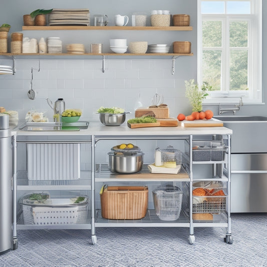 A clutter-free kitchen with a sleek, stainless steel cart, featuring tiered shelves, a built-in utensil organizer, and a slide-out trash can, surrounded by a few strategically placed cooking utensils and ingredients.