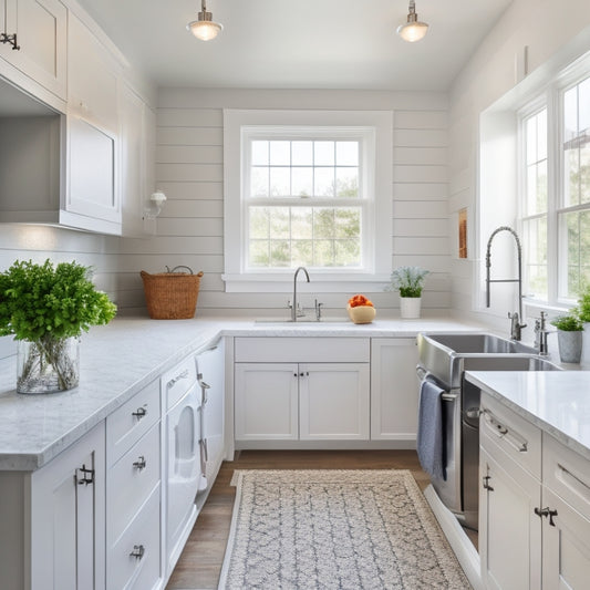 A bright, modern laundry room with a sleek, white quartz countertop, stainless steel appliances, and a pendant light fixture above a large, farmhouse-style sink.