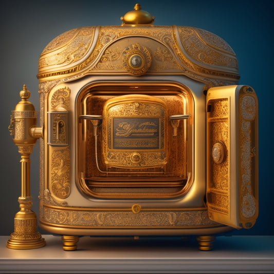 An illustration of a vintage refrigerator, toaster, and washing machine, surrounded by clockwork mechanisms, gears, and delicate filigree, set against a warm, golden background with subtle hints of steam punk elements.