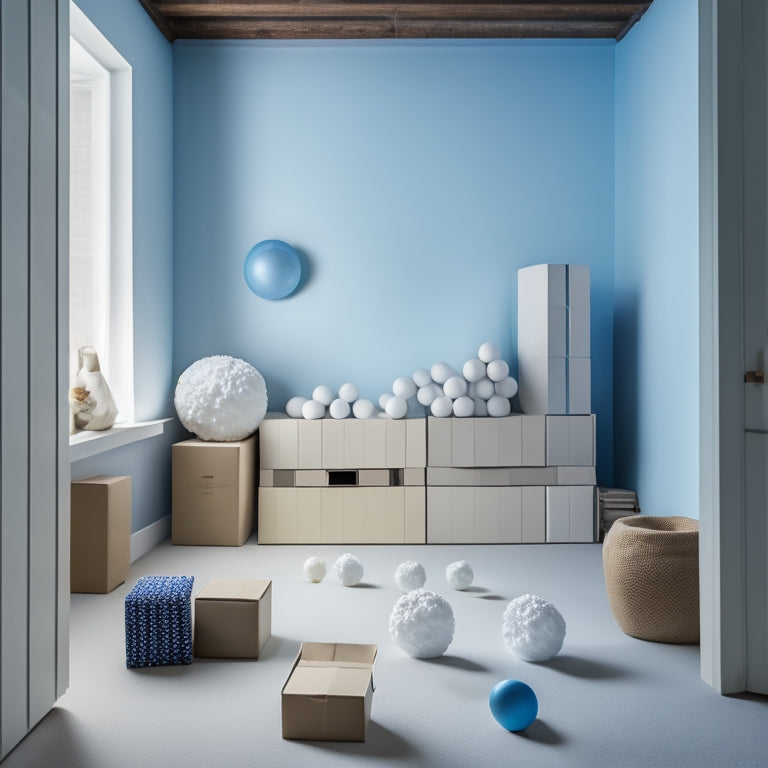 A cluttered room with stacks of boxes, clothes scattered on the floor, and dusty shelves, transformed into a minimalist space with a single, perfectly rolled "snowball" of clutter in the center, surrounded by empty space.