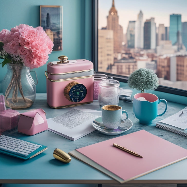 A colorful, organized desk scene featuring a laptop, a few stylish planners, and a cup of steaming coffee, surrounded by pastel-hued papers and stationery, with a subtle, blurred cityscape in the background.