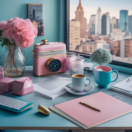 A colorful, organized desk scene featuring a laptop, a few stylish planners, and a cup of steaming coffee, surrounded by pastel-hued papers and stationery, with a subtle, blurred cityscape in the background.