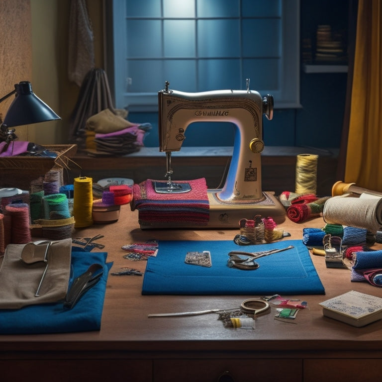 A tidy, well-lit sewing workspace with a large, rectangular mat covered in neatly arranged sewing tools, threads, and notions, surrounded by a few rolled-up fabric scraps and a small, open sewing machine.