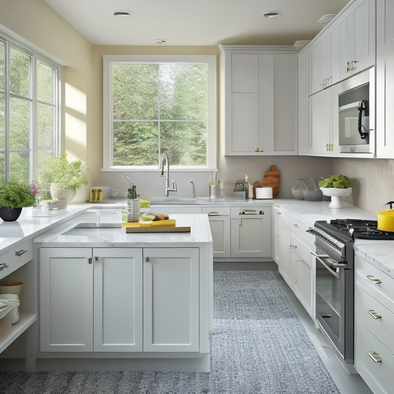 A bright, modern kitchen with sleek cabinets, a center island, and a large window. Rev-A-Shelf solutions are seamlessly integrated, showcasing organized utensils, cookware, and food storage in a clutter-free space.