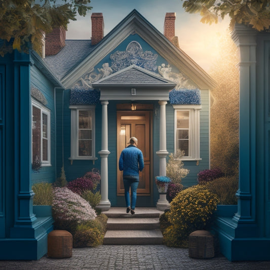 A serene illustration of a person standing in front of a home's front door, surrounded by puzzle pieces falling into place, with a subtle background of a roadmap and a faint house key hidden among the pieces.