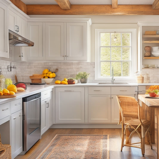 A warm and inviting kitchen with sleek, white cabinets, a stainless steel fridge, and a wooden island, featuring a few, well-placed, colorful storage bins and baskets, amidst a backdrop of soft, natural light.