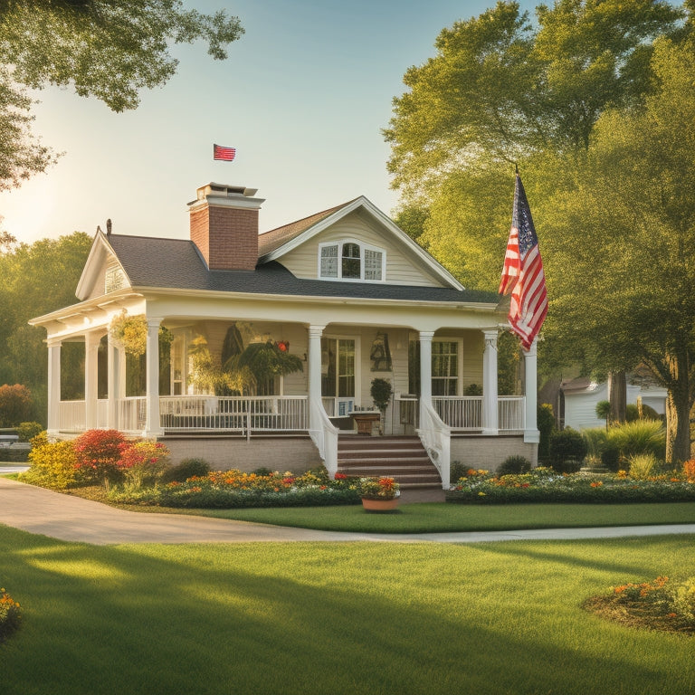 A serene suburban landscape with a warm, golden-lit house in the center, surrounded by lush greenery and a few blooming flowers, with a subtle American flag waving on the porch.