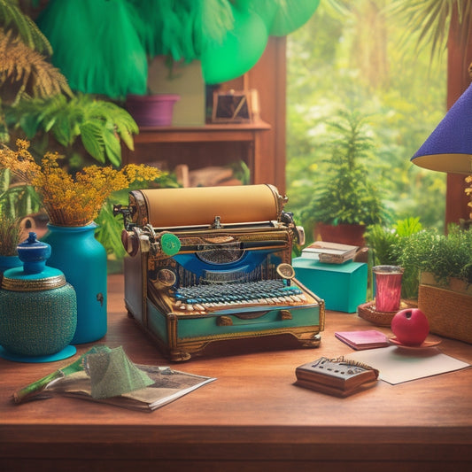 A whimsical, overflowing desk scene with rolls of colorful paper, scattered paper scraps, vintage typewriters, and eclectic desk accessories, surrounded by lush greenery and soft, warm lighting.