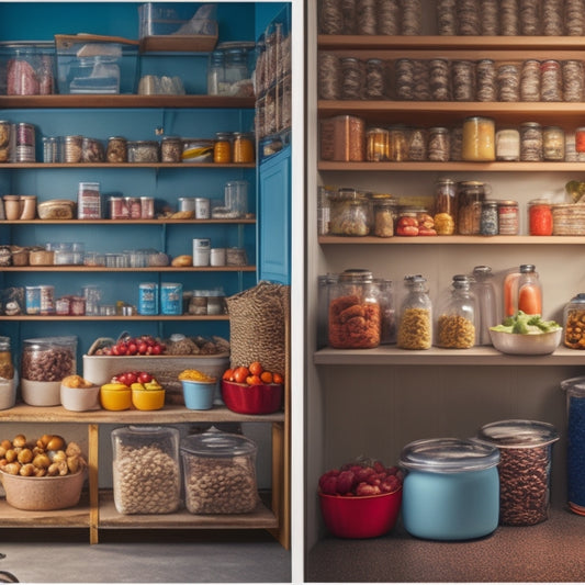 A split-screen image: a cluttered pantry with expired cans, messy shelves, and chaotic utensils on one side, and a serene, organized pantry with neatly stacked jars, fresh produce, and a few decorative items on the other.