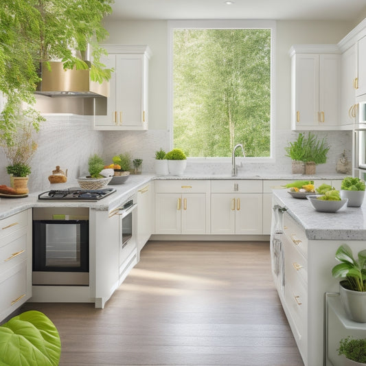 A bright, modern kitchen with sleek white cabinets, stainless steel appliances, and a large island with a built-in cooktop, surrounded by vibrant greenery and warm, golden lighting.