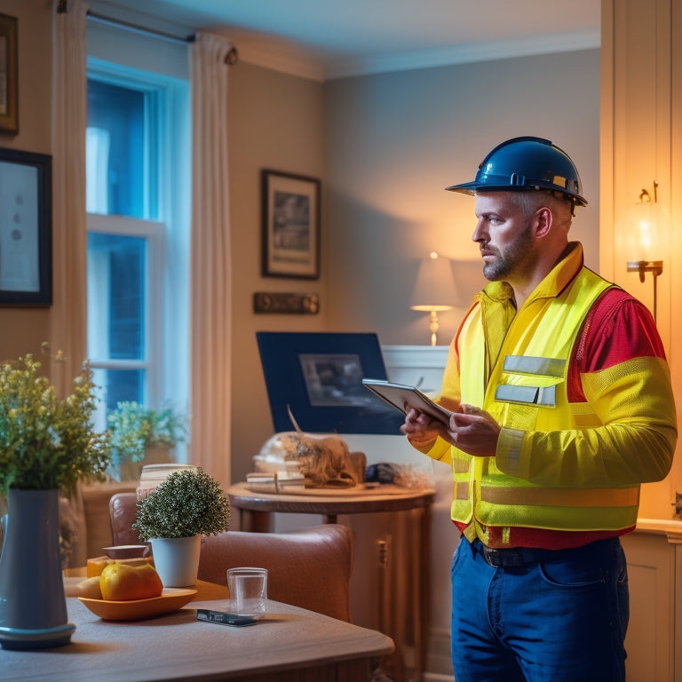 A moderately lit, clutter-free living room with a trained home inspector, wearing a yellow vest and holding a tablet, examining a built-in shelf, with a clock on the wall showing 1:45.