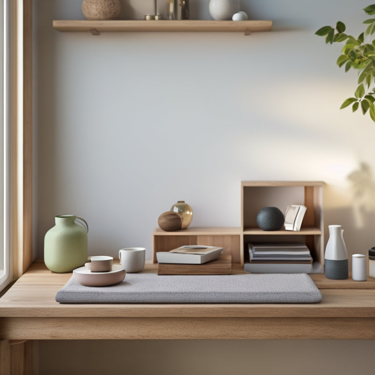 A serene, minimalist room with a few, carefully selected items on a wooden shelf, and a small, tidy desk with a single, open drawer, surrounded by a calm, natural background.