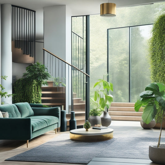 A modern living room with a floor-to-ceiling sliding glass door, minimalist decor, and a statement light fixture, surrounded by lush greenery and a sleek, curved staircase in the background.