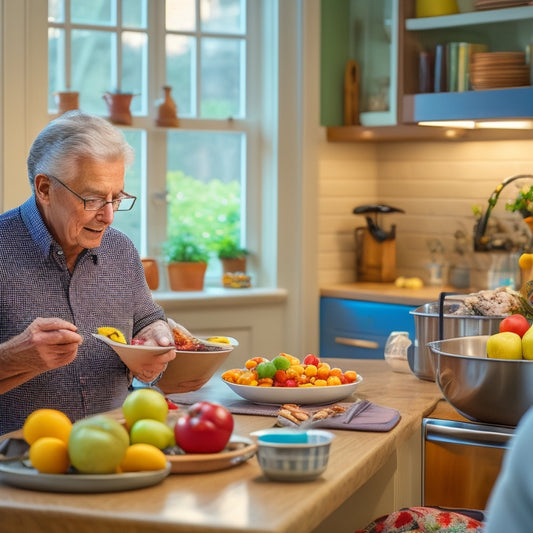 A warm and organized kitchen with a senior adult in the background, surrounded by tidy countertops, a few favorite cookbooks, and a tablet or smartphone displaying a decluttering app.