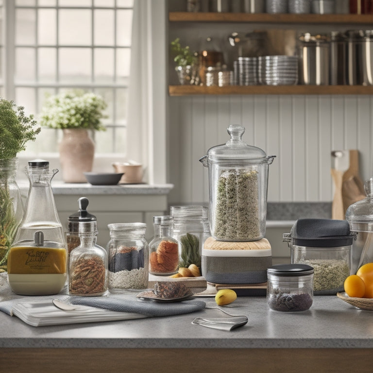 A cluttered kitchen counter with scattered utensils, open recipe books, and a blender with a tangled cord, transformed into an organized space with labeled jars, a tidy utensil holder, and a calm, serene background.