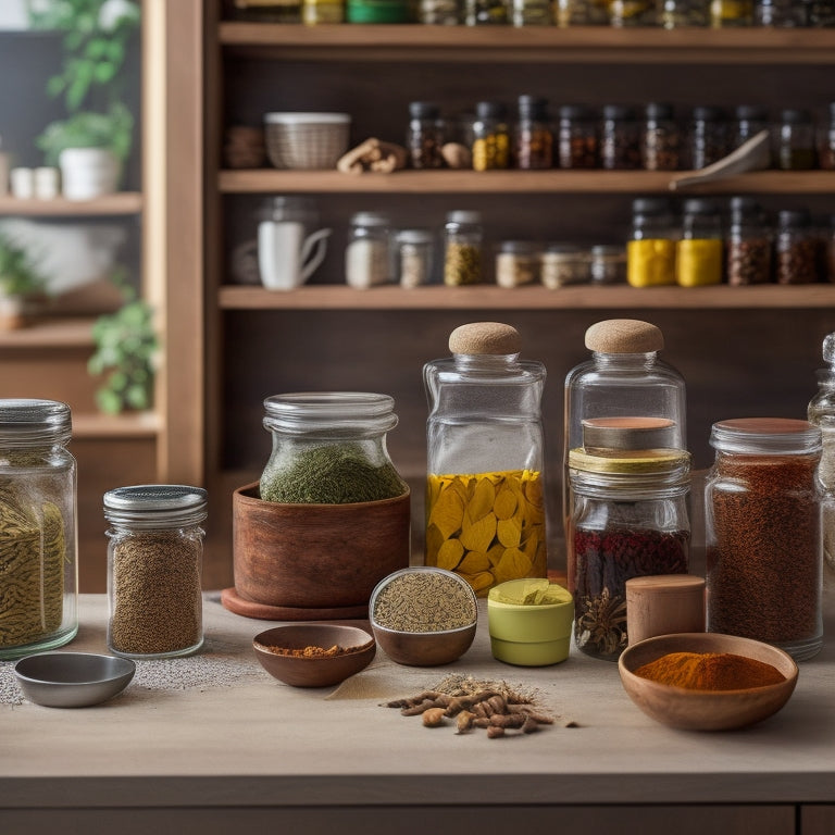 A tidy kitchen countertop with a wooden spice rack, glass jars with colorful spices, and a drawer organizer with labeled dividers, surrounded by scattered whole spices and a few loose recipe cards.