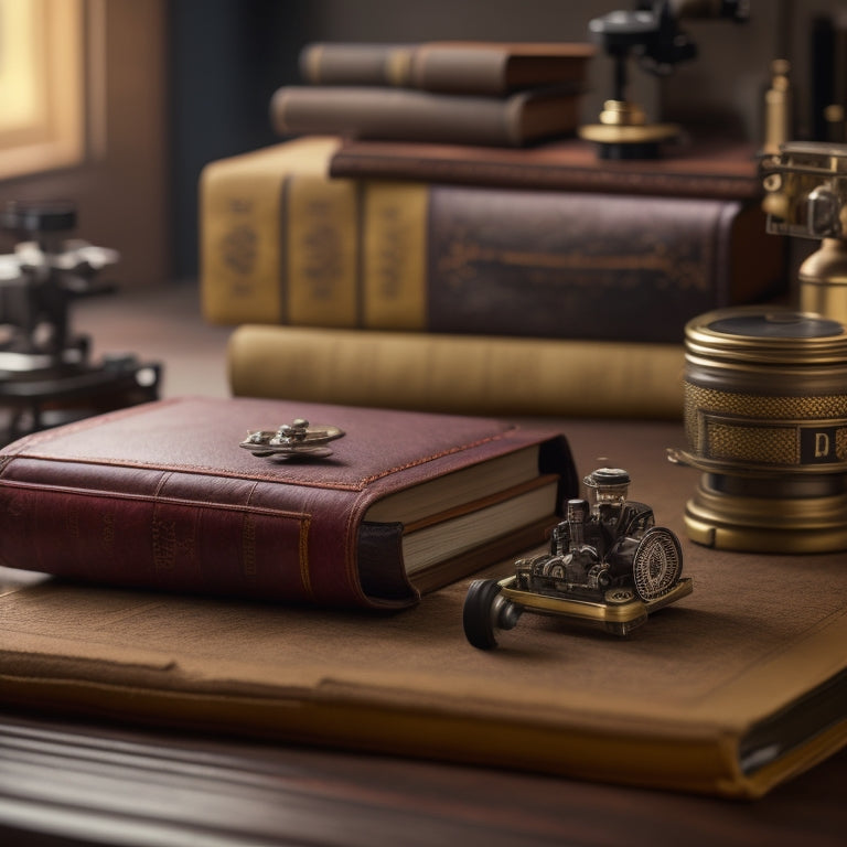 A vintage, leather-bound book with a worn, golden-brown cover, lying open on a wooden desk, surrounded by scattered papers, a microscope, and a miniature Model T Ford.