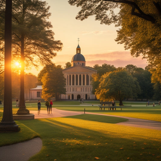 A serene campus scene at sunset with the iconic Kirk Memorial building in the background, surrounded by lush greenery, a walking path, and students relaxing on the quad.