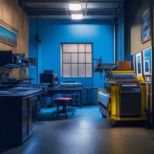 A dimly lit studio with a large, sleek printing press in the center, surrounded by rolls of vibrant paper, ink cartridges, and precise printing tools, with a few finished art prints hanging on the walls.