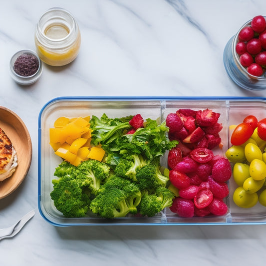 A colorful, minimalist kitchen background with a large, glass meal prep container in the center, surrounded by various healthy ingredients like mixed greens, cherry tomatoes, and sliced chicken breast.