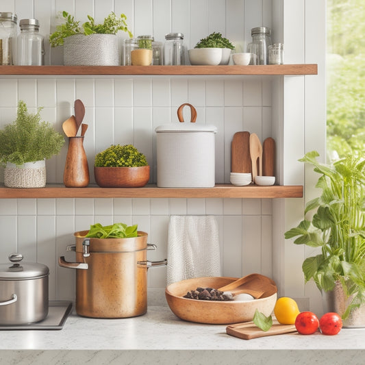 A bright, modern kitchen corner with a sleek, white countertop, a wooden utensil organizer on the wall, and a stainless steel carousel spice rack, surrounded by tidy cookbooks and a few potted herbs.