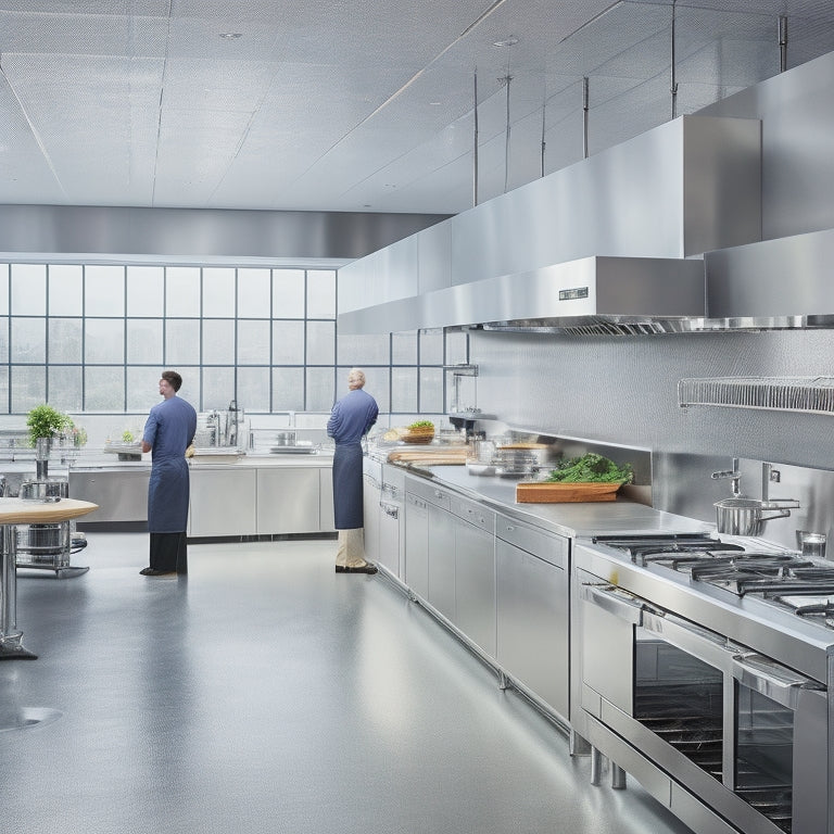 A sleek, modern commercial kitchen with stainless steel countertops and German-made PALUX equipment, featuring a central cooking island with a built-in gas range and utensil rail, surrounded by busy chefs in white aprons.