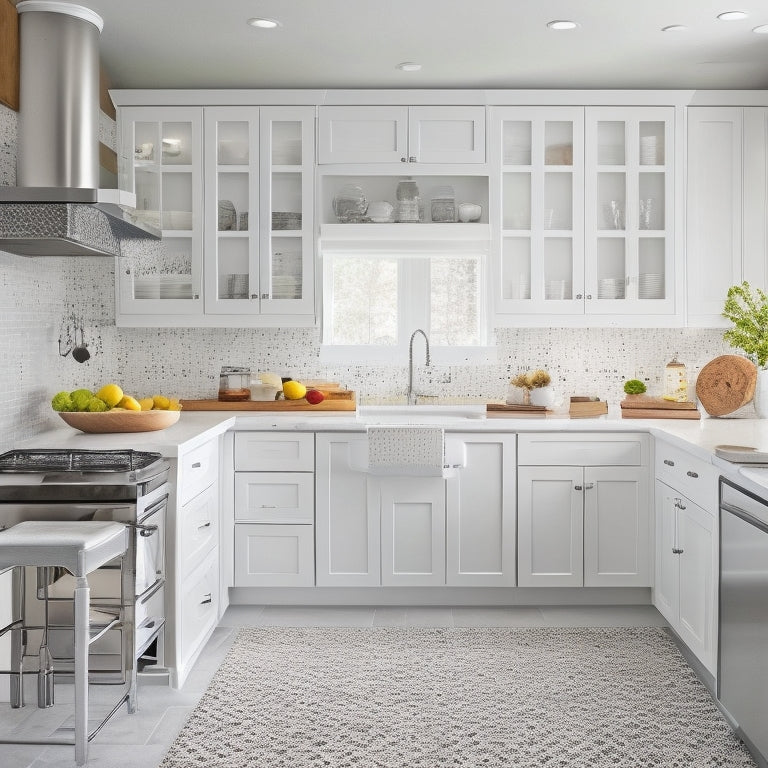 A bright, modern kitchen with sleek white cabinets, stainless steel appliances, and a large island in the center, featuring a pegboard with hanging utensils, a built-in trash can, and a pull-out spice rack.