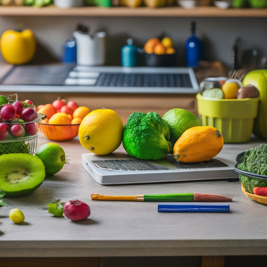 A colorful and organized kitchen counter with a laptop, a notebook, and a pen, surrounded by fresh fruits and vegetables, with a subtle grocery store background.