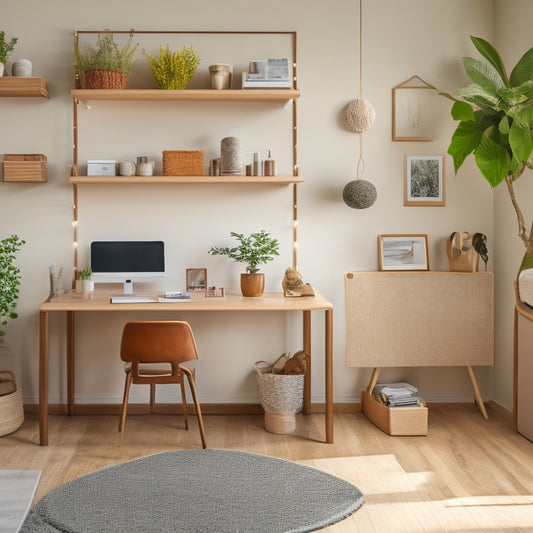 A tidy room with a minimalist desk, a corkboard wall with colorful pushpins, and a shelving unit with labeled baskets, surrounded by a few scattered decorative plants and a natural fiber area rug.