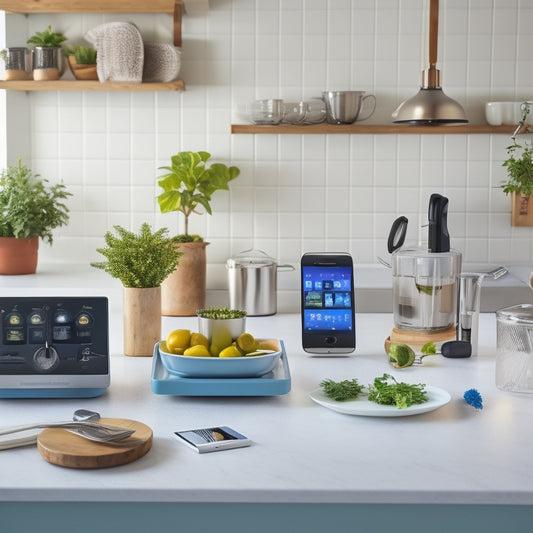 A tidy, modern kitchen countertop with a few, carefully arranged smartphones displaying various app interfaces, surrounded by a utensil holder, a small potted herb, and a few carefully placed kitchen gadgets.