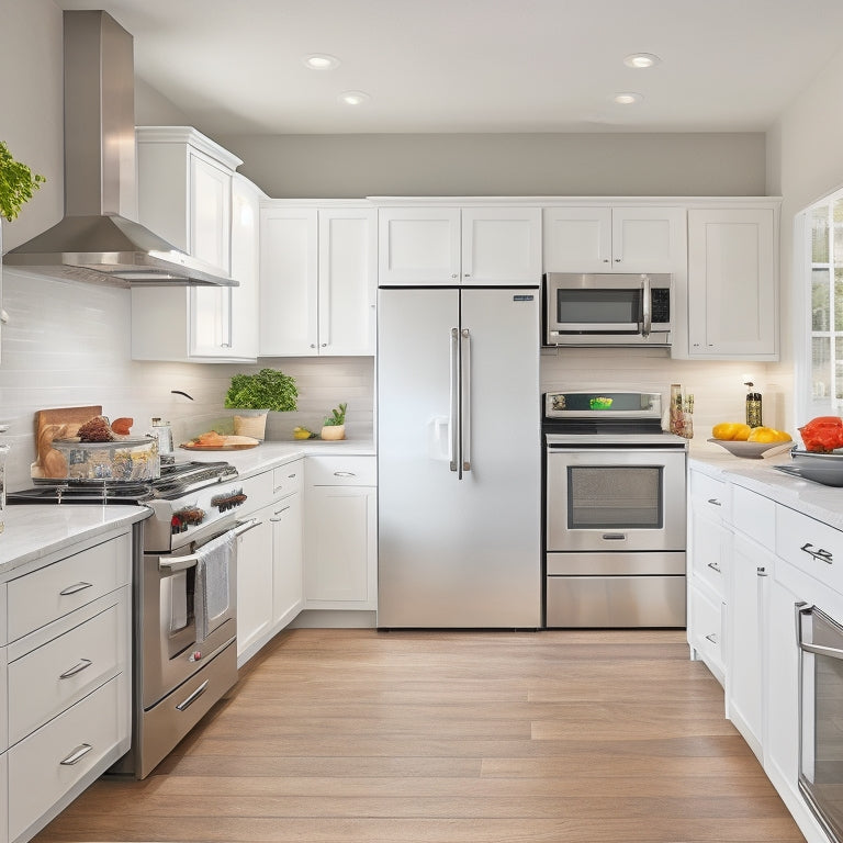 A bright, modern kitchen with creamy white cabinets, warm wood floors, and gleaming stainless steel appliances, featuring pullout shelves in various sizes and depths, fully extended and stocked with cookware and utensils.