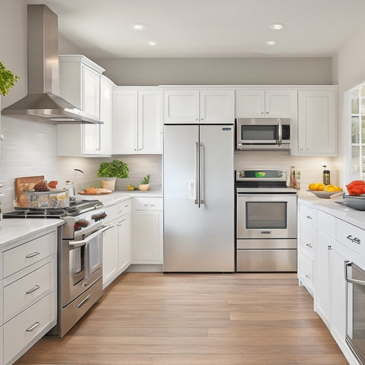 A bright, modern kitchen with creamy white cabinets, warm wood floors, and gleaming stainless steel appliances, featuring pullout shelves in various sizes and depths, fully extended and stocked with cookware and utensils.