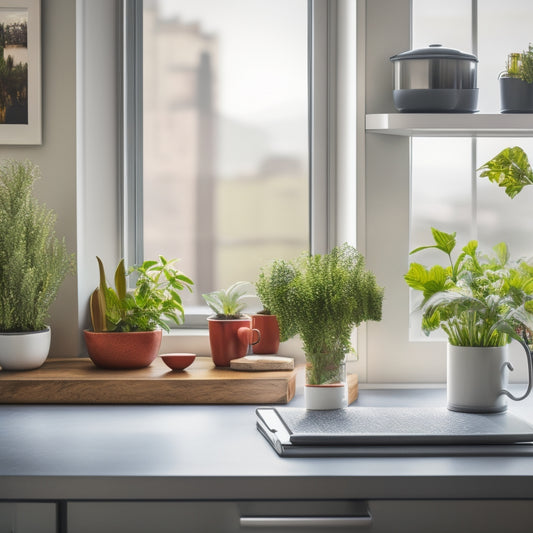 A bright and modern kitchen with a large, sleek tablet on the counter, surrounded by a few cookbooks, a utensil holder, and a small potted herb plant, with a subtle cityscape outside the window.