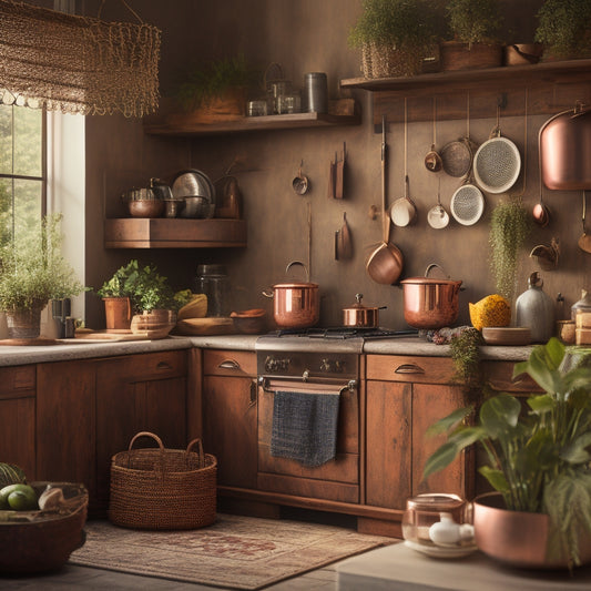 A stylized kitchen with warm lighting, featuring a mix of modern and vintage decorative items, including a distressed wooden sign, copper accents, and a few strategically placed potted herbs.