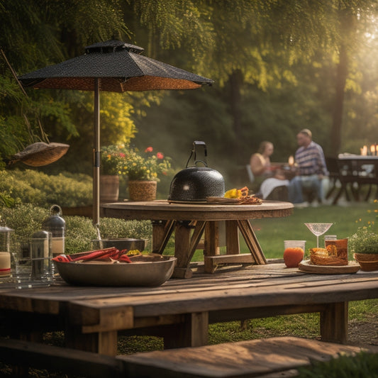 A warm and inviting outdoor setting with a wooden picnic table, a sizzling grill in the background, and a few strategically placed grilling utensils and aprons, surrounded by lush greenery.