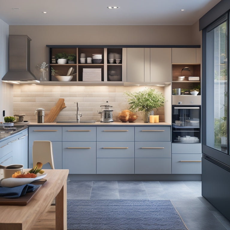 A modern kitchen interior with sleek cabinetry, featuring a Hafele base pull-out system with chrome handles, fully extended to reveal organized storage of cookware, utensils, and ingredients in a well-lit space.