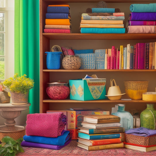 A cluttered shelf with stacks of books, decorative objects, and linens in disarray, next to a refinished shelf with neatly organized items, separated by colorful shelf liners with subtle patterns.